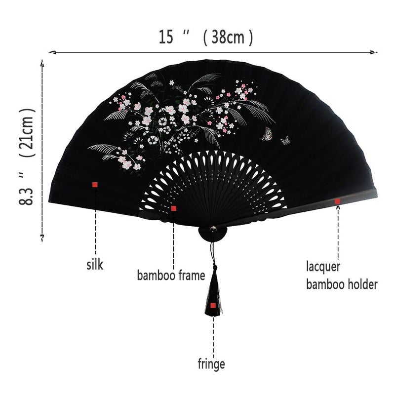 Wobe Black Linen Fabric Folding Hand Fan Grassflowers Bamboo Hand Held Fan with a Fabric Sleeve Handheld for Protection Birthday Gifts - Womens Chinese/Japanese Vintage Home Decorations - Image 2